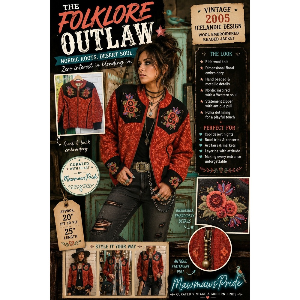 Vintage 2005 Icelandic Design Wool Embroidered Beaded Nordic Jacket